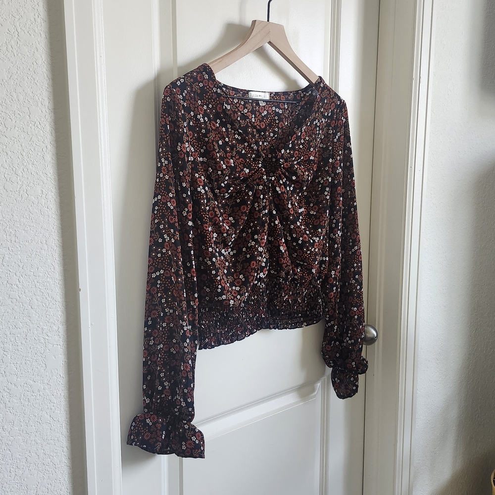 Floral Blouse with Ruffle Cuffs and Criss-Cross Neckline